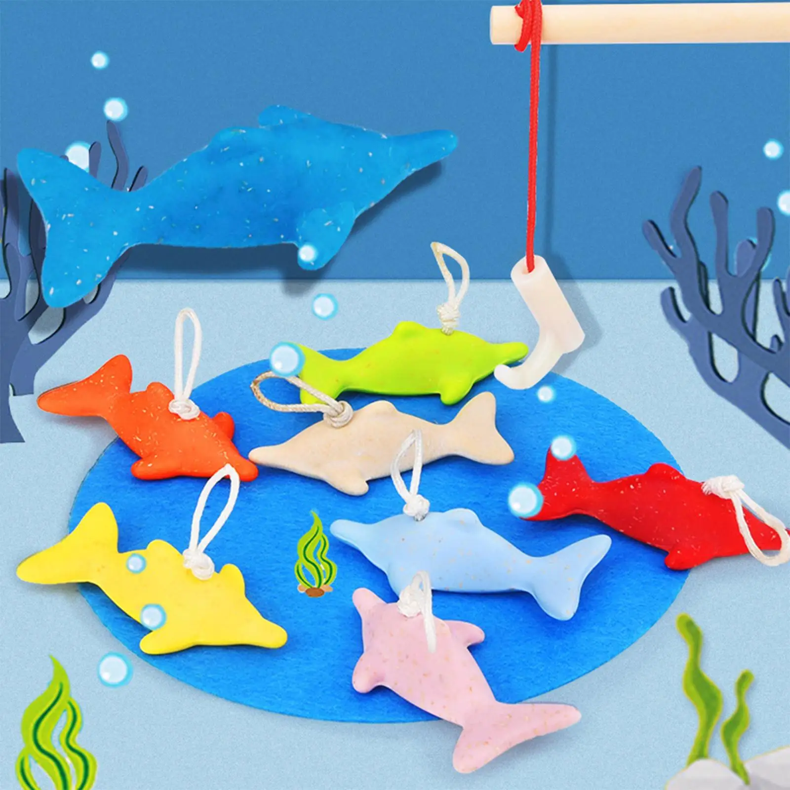 Wood Fishing Game Toy Set with 10 Fish & 2 Fishing Pole Pretend Play Fishing