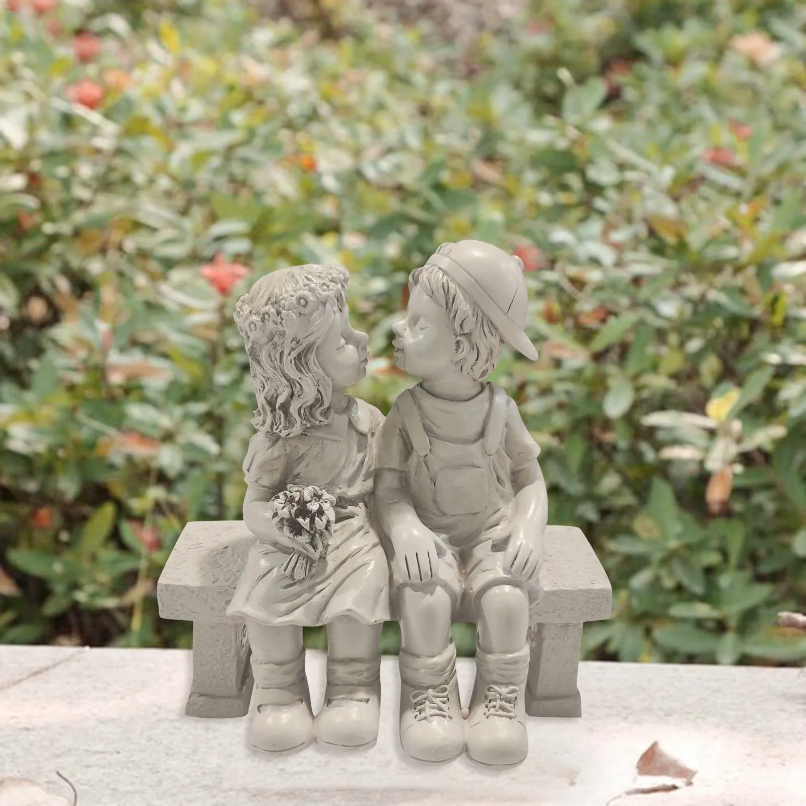Vintage Stone Effect Kissing Kids Garden Ornament Boy & Girl Statue Patio Decor 