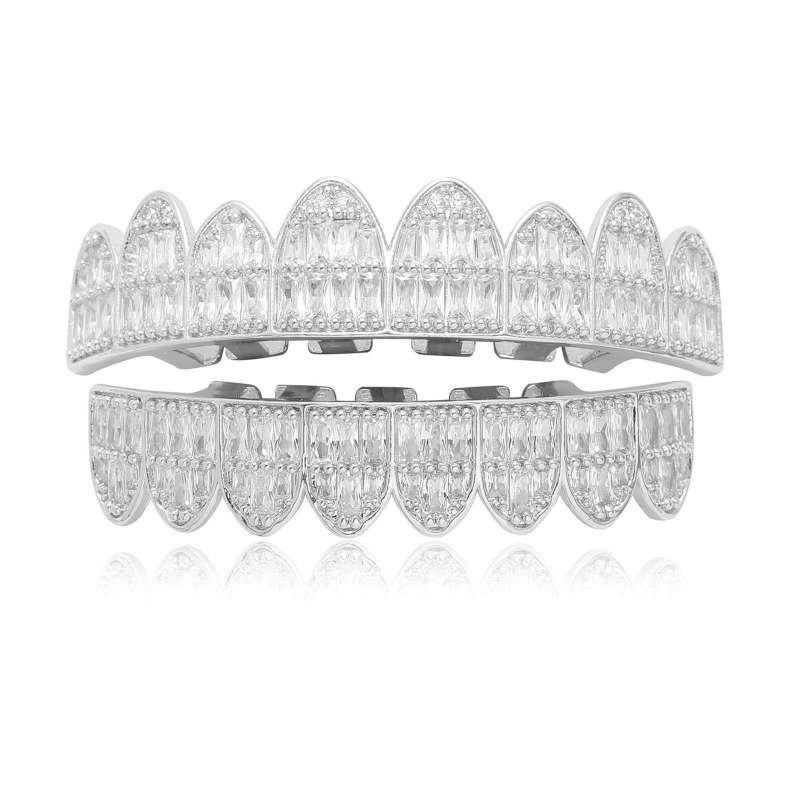 HipHop vereist t Quadrat Zirkon Zahn grillz Körper Piercing Schmuck Vampir echte vergoldete Zähne Grills oben unten Kappe gesetzt – Detail 1