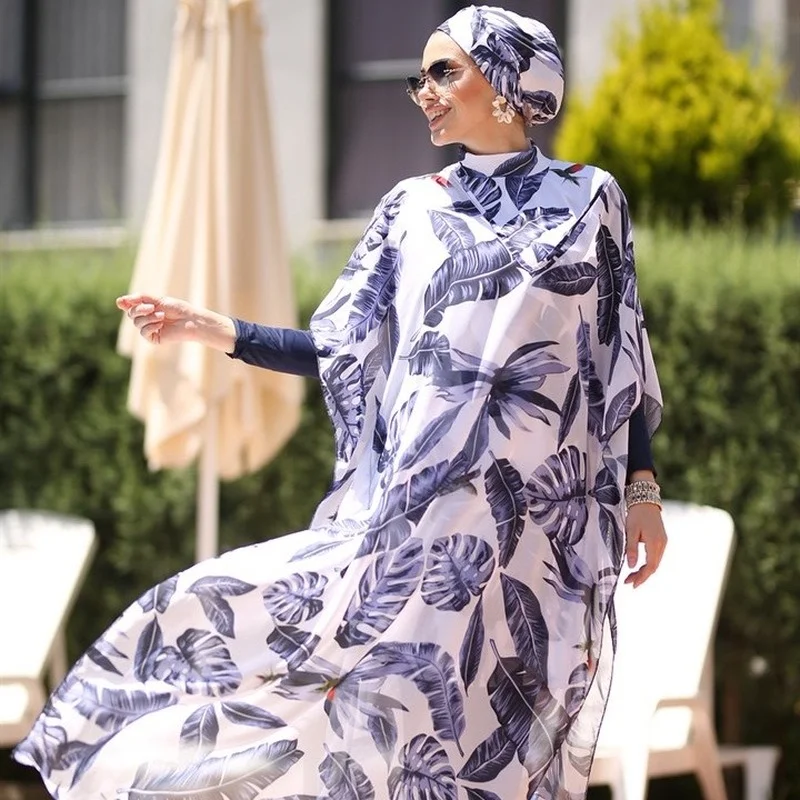 4 Pcs Women's Muslim Swimwear Digital Printed Lslamic Clothes Hijab Long Sleeves Sport Swimsuit Burkinis Wear Bathing Suit 4XL