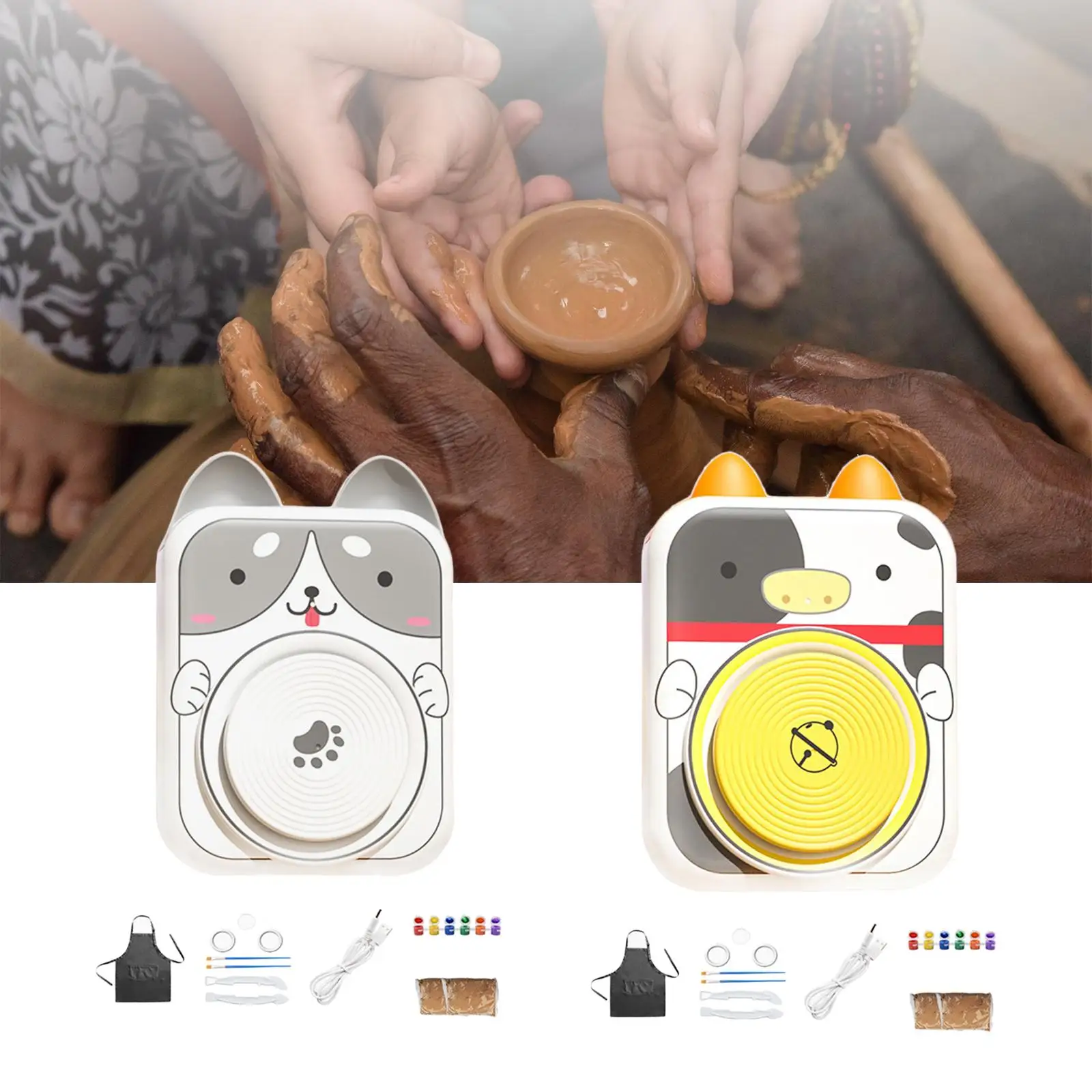 Pottery Wheel for Kids with Tools, Pigments and Apron Sculpting Clay Tools Cute Complete Pottery Set Children`s Craft Supplies