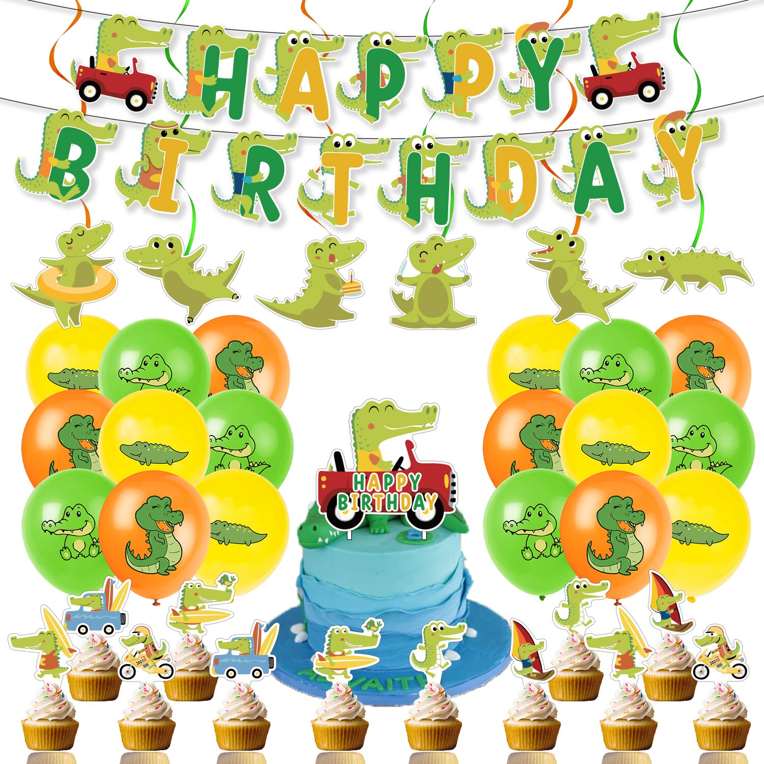 Suprimentos Crocodile Balões Feliz Aniversário Banner Bolo Topper Set