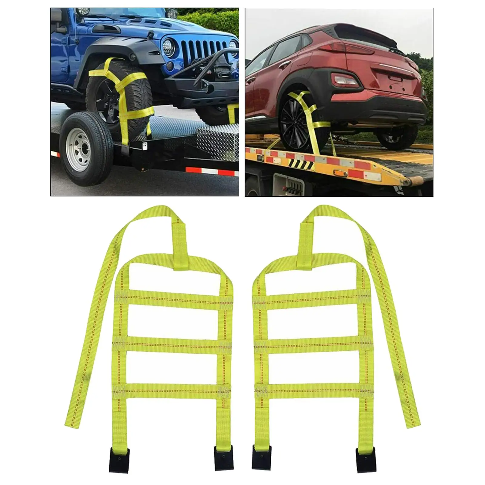 Tow Straps/ with Flat Hooks /Net Basket/ Heavy Duty /Adjustable/ Yellow/ Universal/ Car Basket Straps/ for 14-17inch Tires