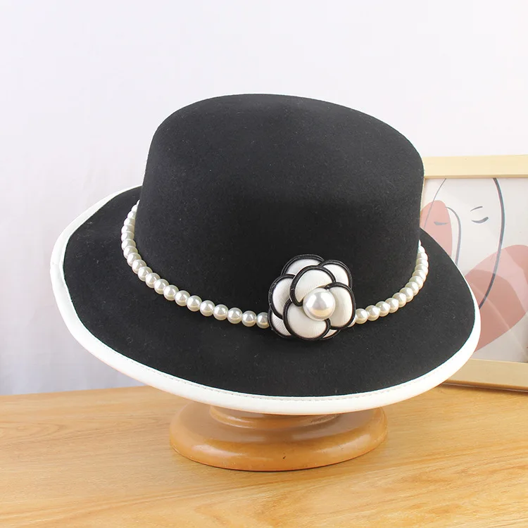 lã preta elegante pérola de feltro sombreros