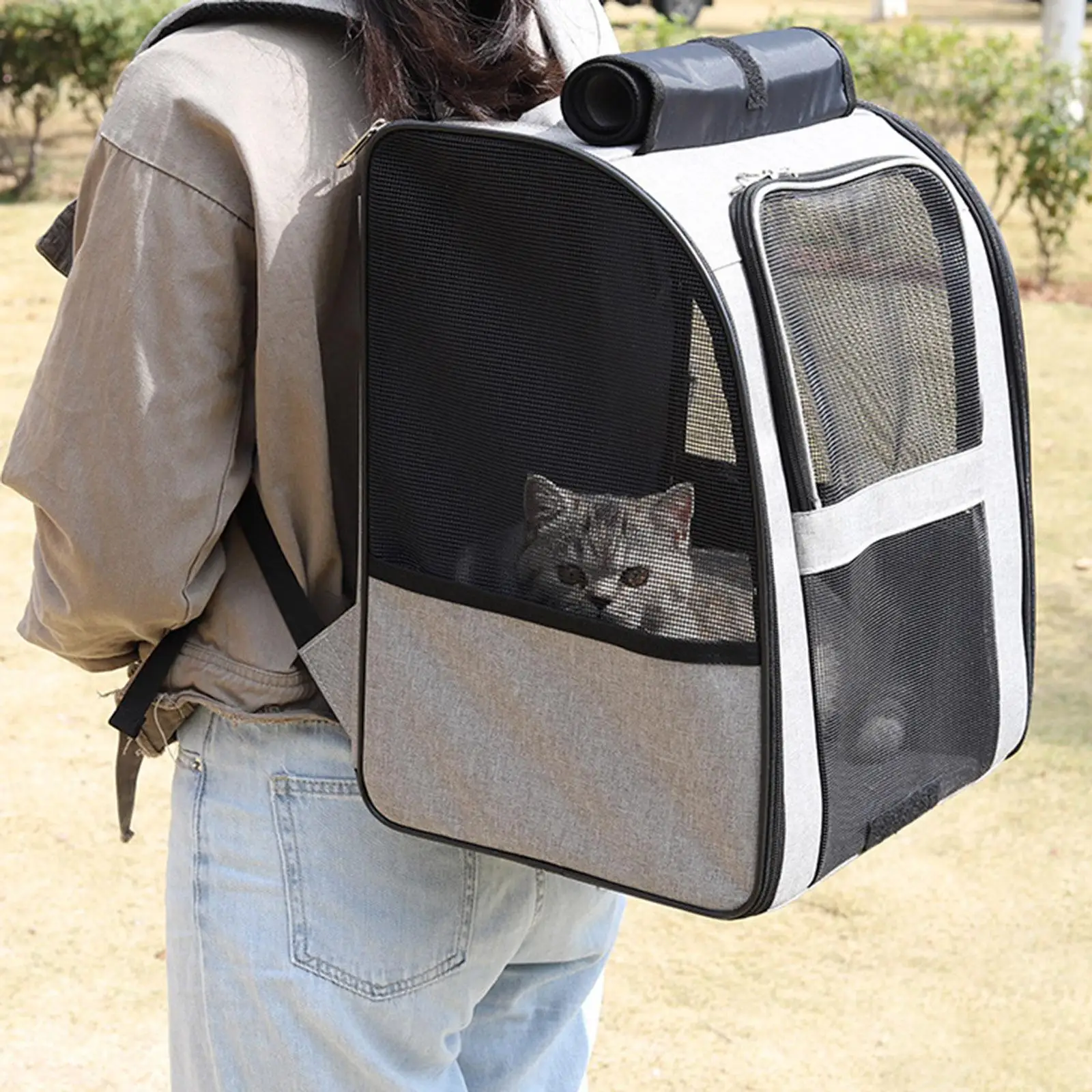 Oxford Cloth Breathable Mesh Folding Pet Dog Cat Carrier Backpack Kitten Outdoor Bag with Shade Cloth Adjustable Sholder Strap