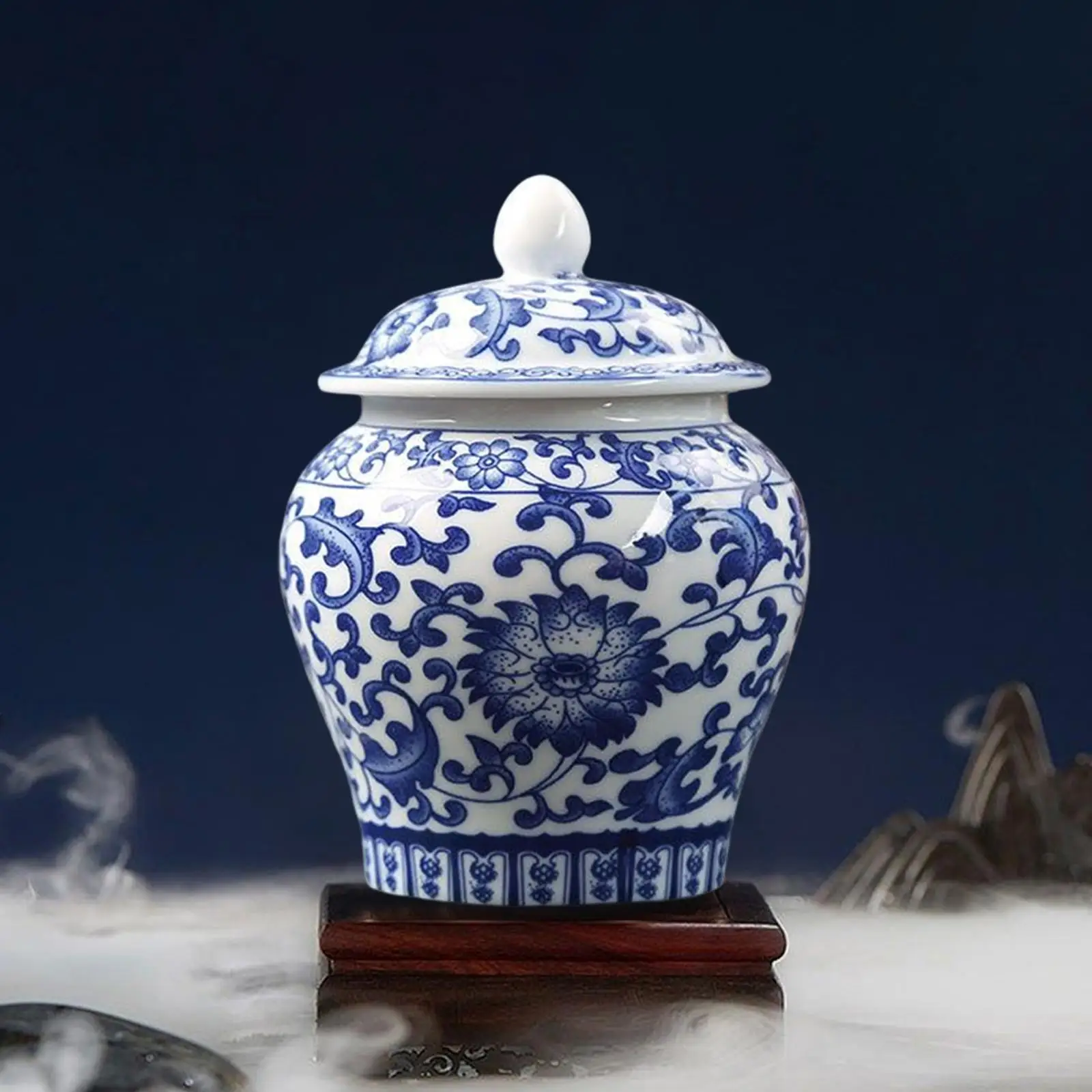 Blue and White Porcelain Ginger Jar Tea Storage Jar with Lid Centerpiece