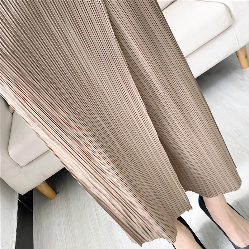 ALSEY Miyake Pleated Wide Leg Ankle-length Pants for Women Autumn New Simple Elastic Waist Solid Color Straight Female Trsouser