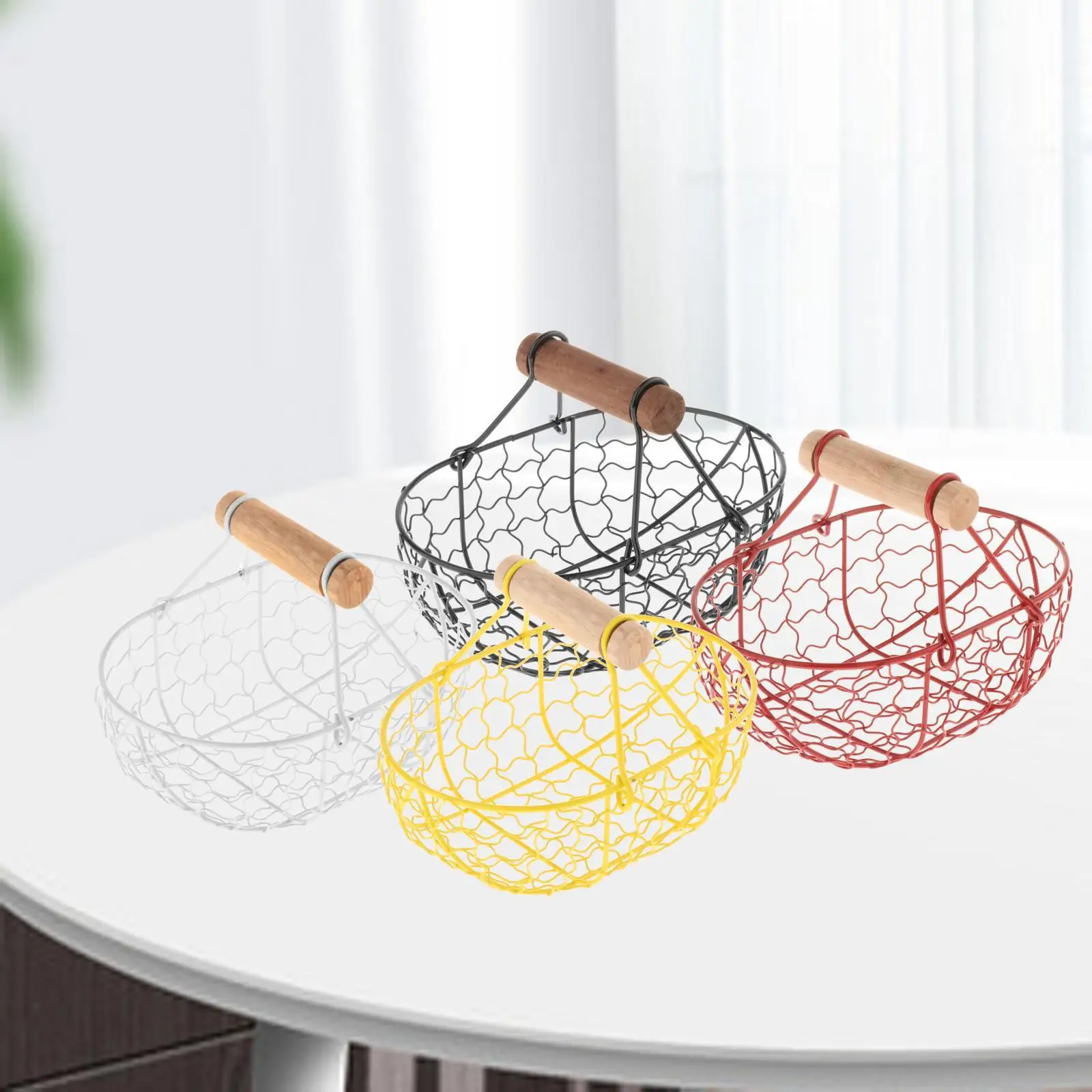 Kitchen Fruit Basket with Wooden Handle Decor Centerpieces Portable Holder Scene Layout Metal Mesh Bread Storage for Cabinet