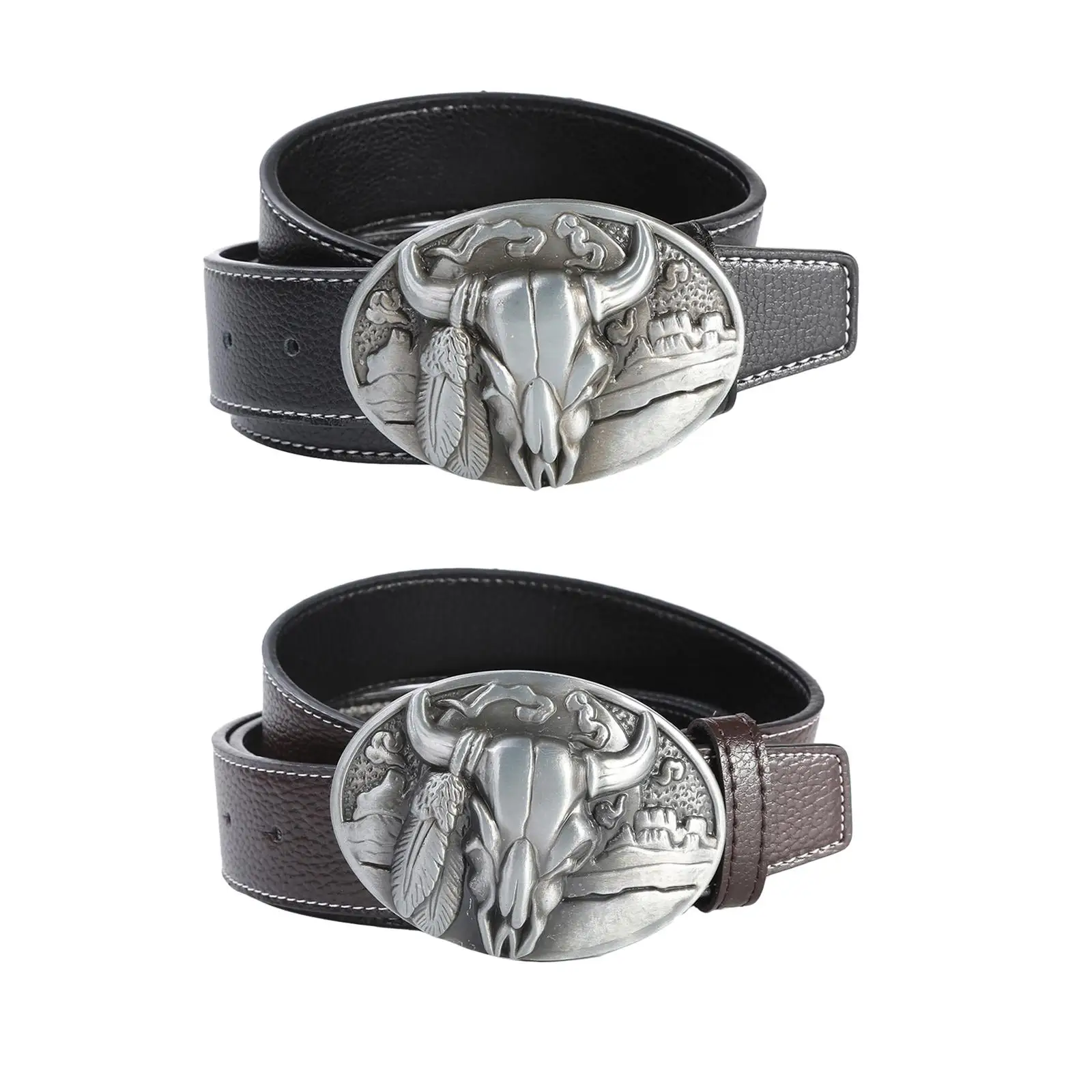 Men`s Faux Leather Belt Adjustable Bull Head Belt Buckle Waist Belt Wild West  Leather Belt for Trousers Pants Accessories