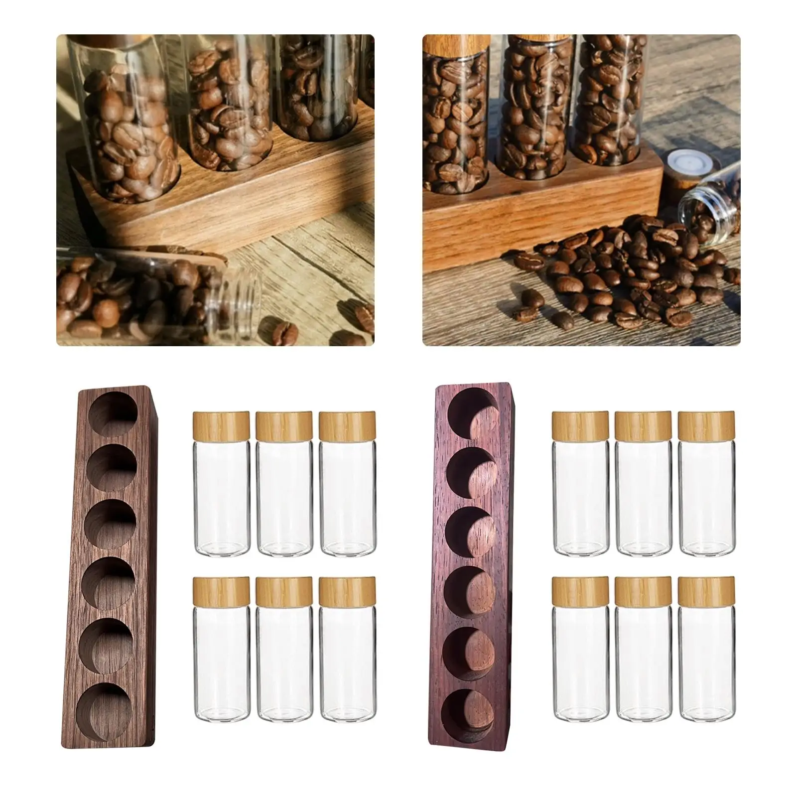 Coffee Beans Jar with Shelf Wooden Holder Cereals Nut Sealed Cans for Kitchen Countertop Beans