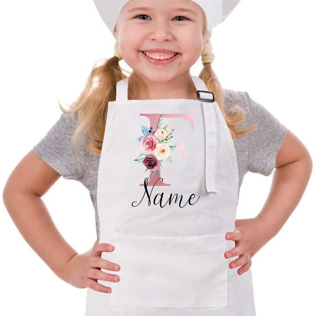 Personalized Kids Apron Cooking Kitchen Apron Pink Flower Initial and Name  Apron for Children Custom Girls Cooking Apron Gift