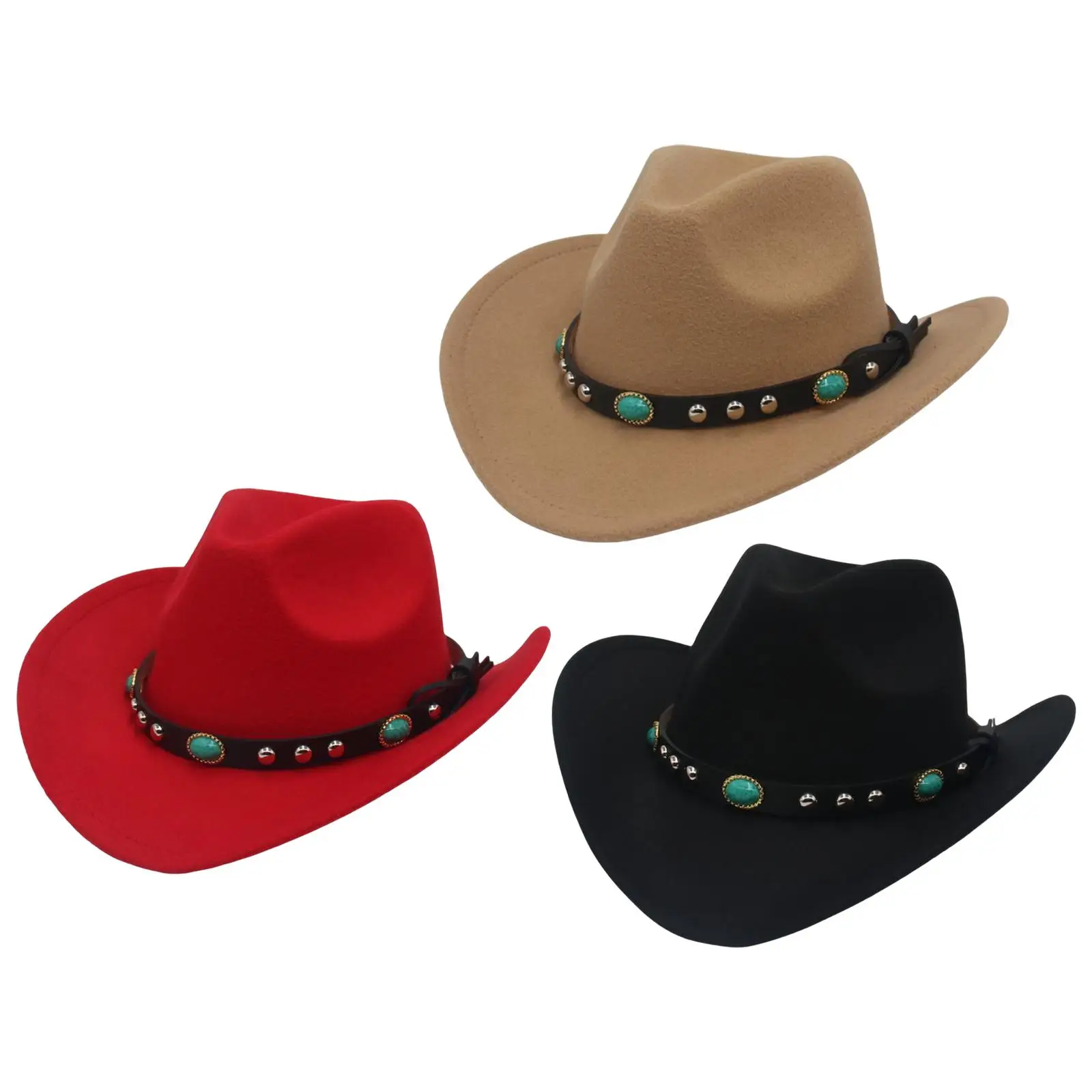 Unisex Felt Western Cowboy Hat Wide Brim Sunhat with Belt Buckle Photo Props Panama Cowgirl Hat for Adults Summer Beach Outdoor