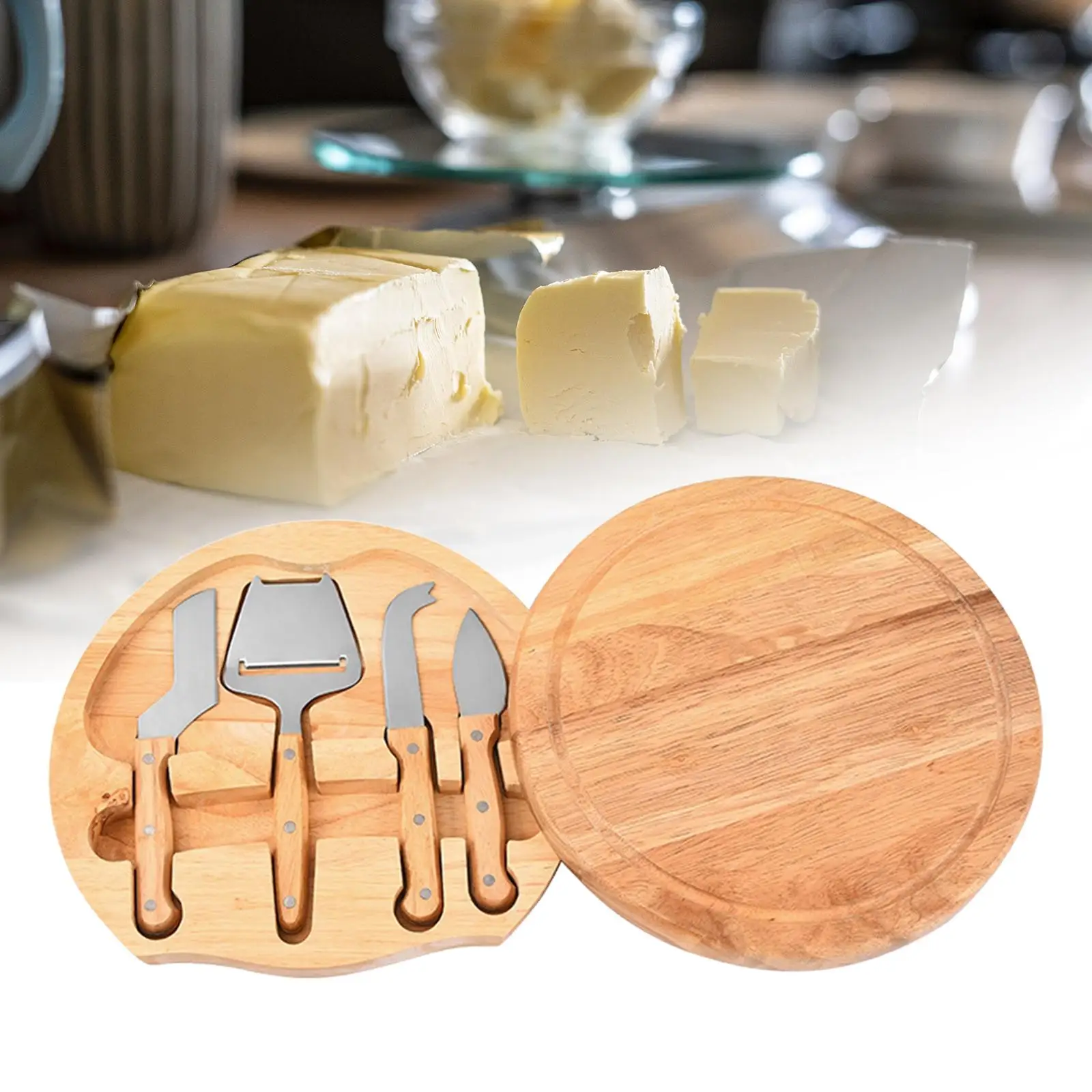 Cheese Board Set with 4 Cutters Kitchen Accessory Housewarming Gift Round Cheese Spatula Steel Stainless Cheese Slicer Cutter