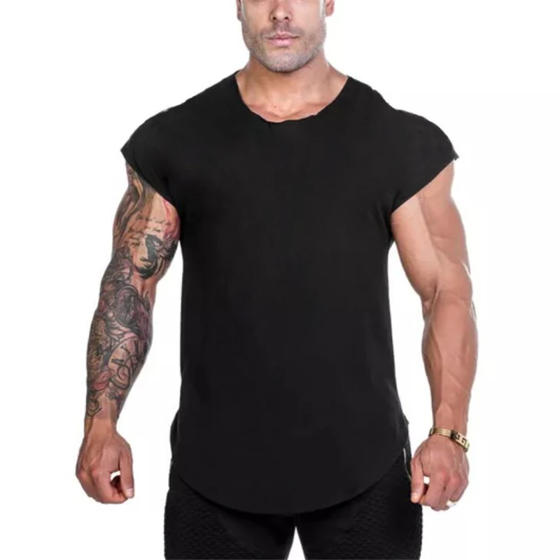 None - Camiseta deportiva para hombre, camiseta sin mangas de algodón liso para culturismo, gimnasio, correr, Fitness