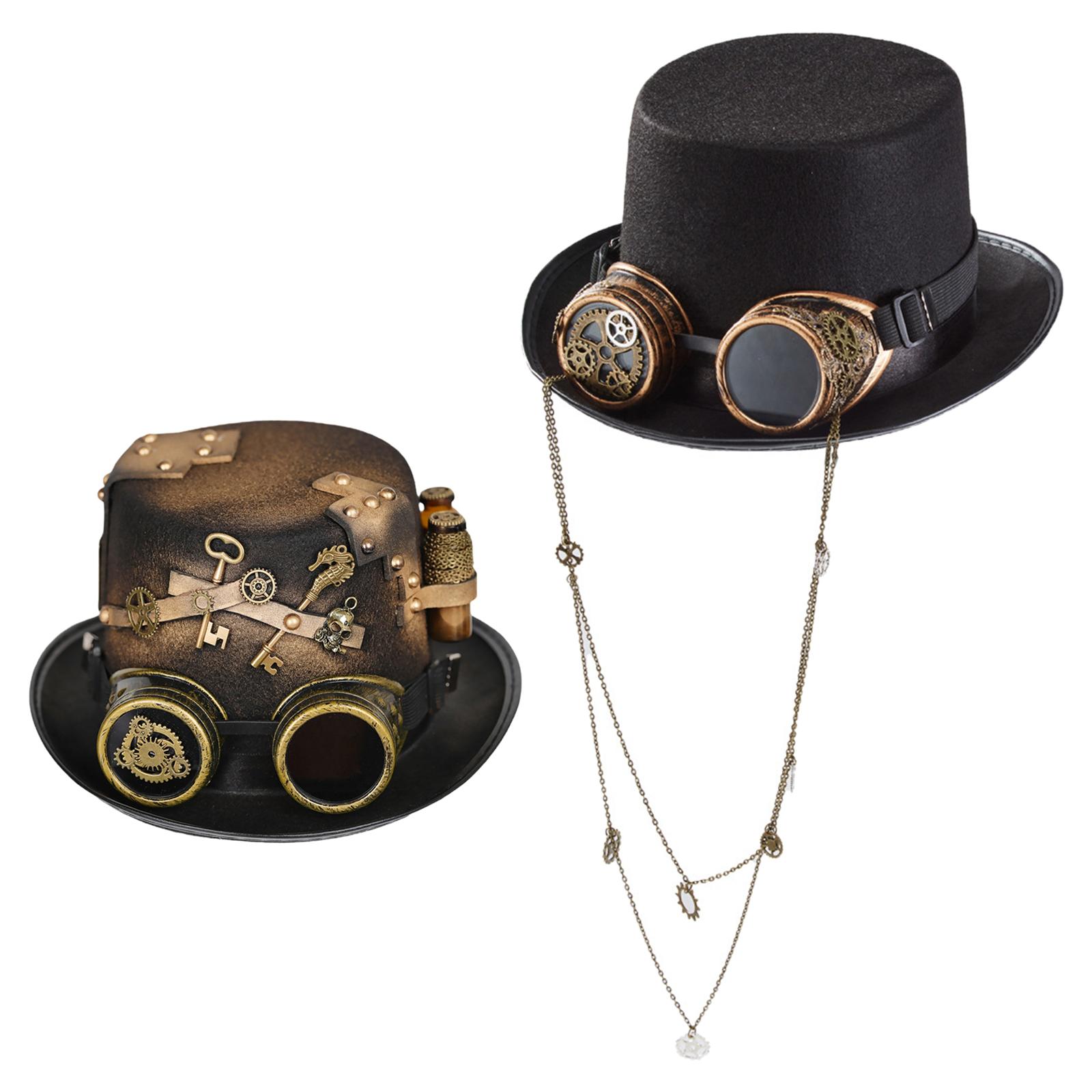 2 Count Gothic Steampunk Top Hat with Goggles, Premium Material Accessories Strap Adjustable DIY Yourself Renaissance Costume