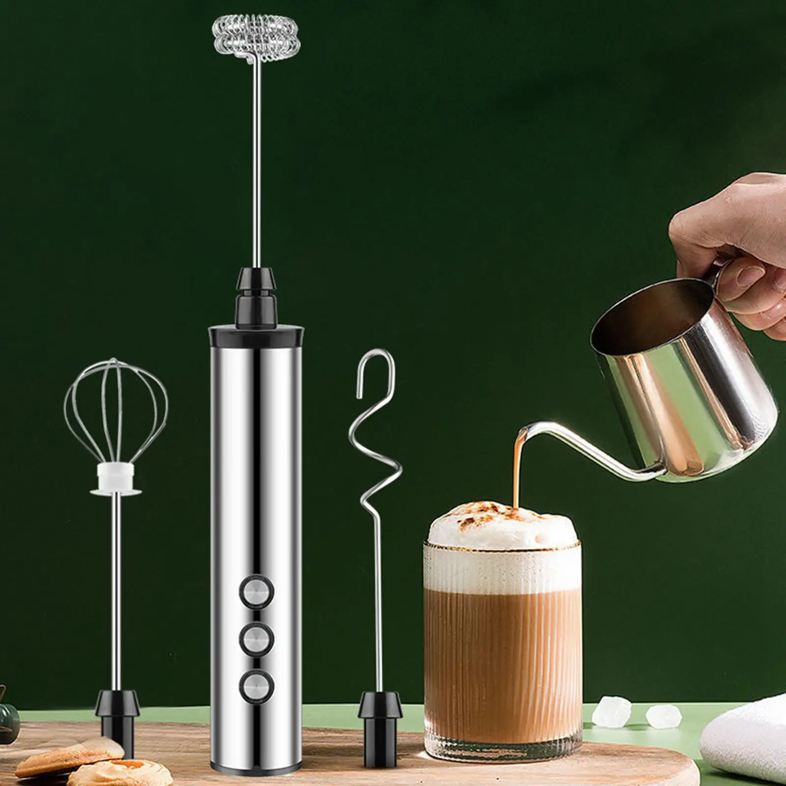 Milk Frother 3 Speeds with 3 Mixing Heads for Latte Cappuccino