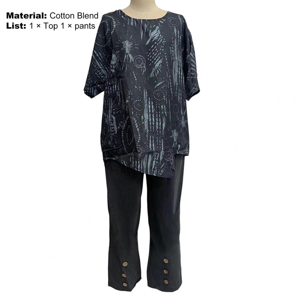 pçs verão mulheres topos calças definir pescoço botões plissado meia manga solta tipo irregular hem vintage feminino blusa calças terno