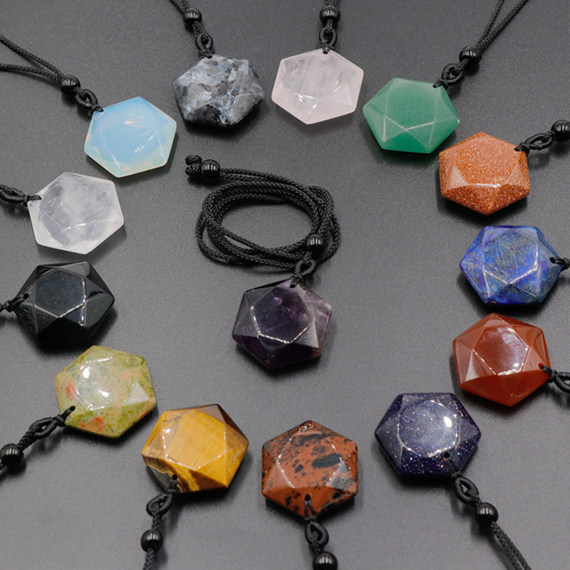 1Pc Natural Crystal Stone Hexagram Star Pendants Adjustabl Rope