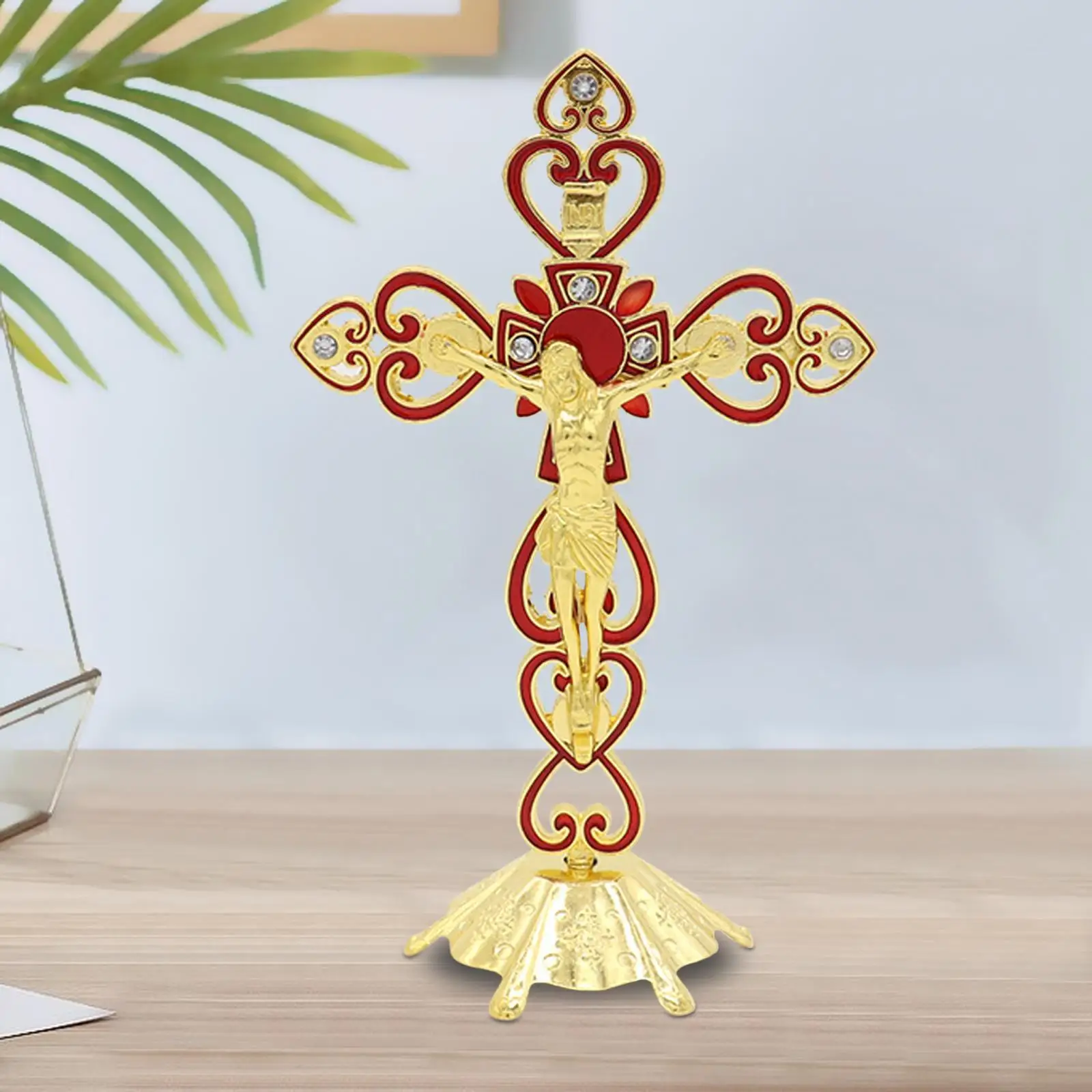 Metal Decorative Crucifix Standing Cross Table Shelf Decoration Fine Workmanship Vintage Style for Prayer Detachable Base