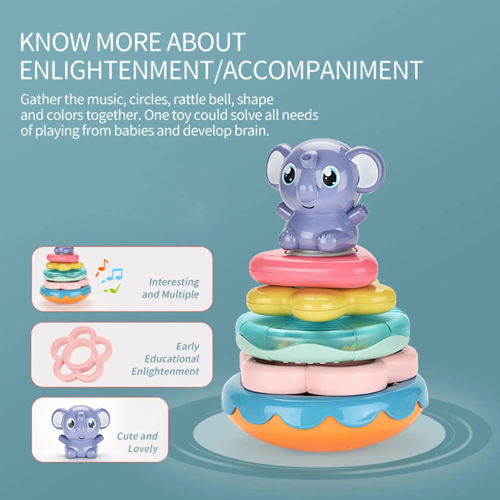 Building Rings Elephant Stacker Early Educational Learning Interactive Toy Rings Baby Musical for Baby Toddlers