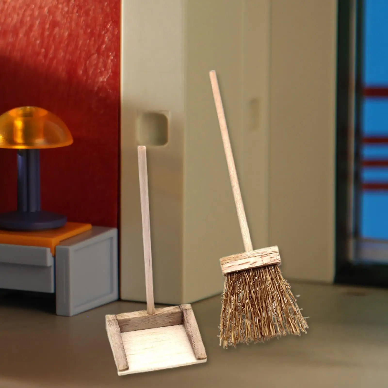2 Pieces 1:12 Dollhouse Cleaning Kit Broom Dustpan Set Creative Toys Decor