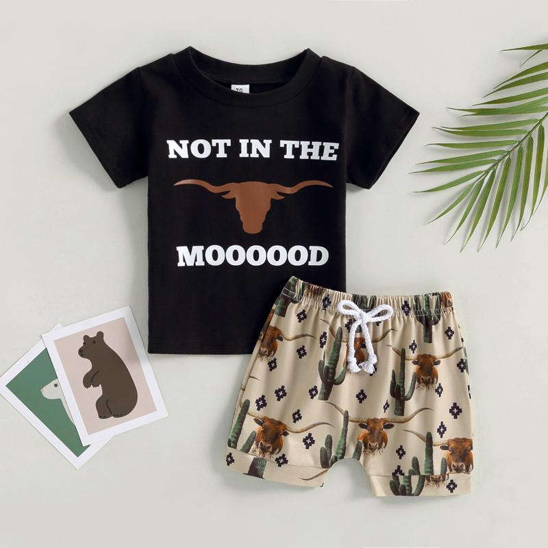 Kid Boy Pants Suit Short Sleeve Round Neck Letters Print Tops Drawstring Short Pants