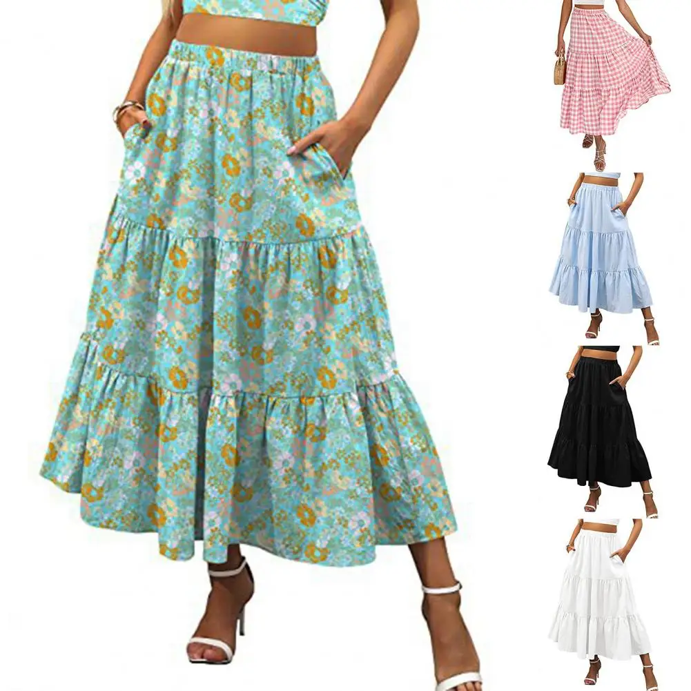 2023 Fashion High Waist Skirt Women Vintage Pleated Zipper Swing Long Skirt Casual Loose Solid A-line Party Beach Skirt