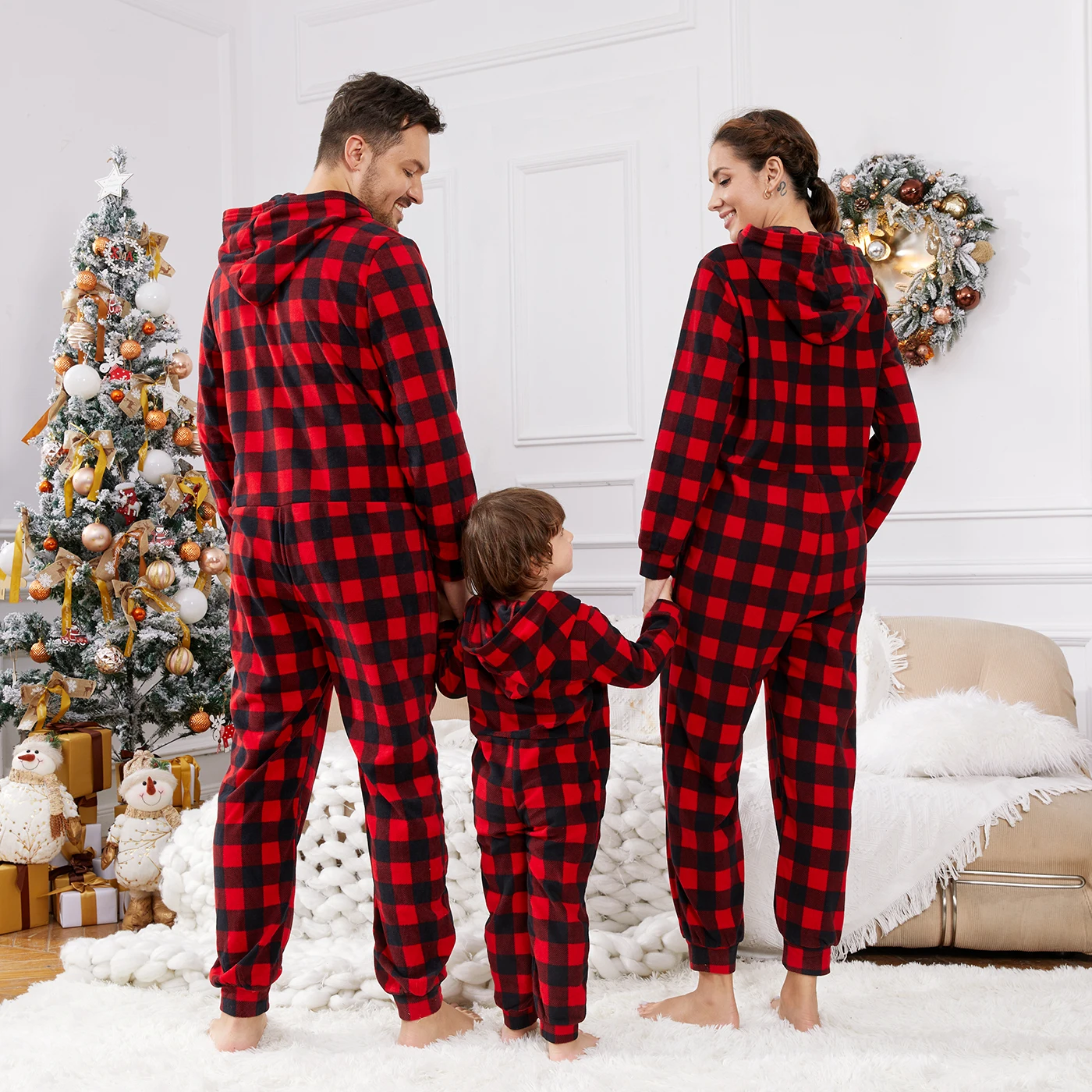 PatPat-Natal Família Combinando Pijama Xadrez Vermelho, Encapuzado,
