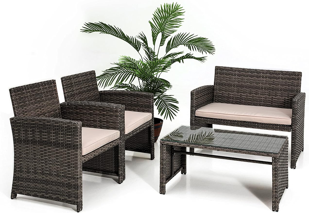 Description Picture 2 of itemPorch Furniture 4 Piece Accessories and Decor Outdoor, Balcony Patio Conversation, Bistro Set, PE Rattan Wicker Chairs