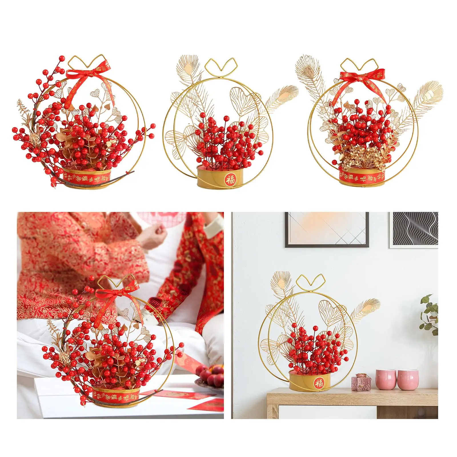 Chinese Flower Basket Ornament Decor Tabletop Door Hanging Spring Festival Centerpiece New Year for Indoor Party Holiday Wedding