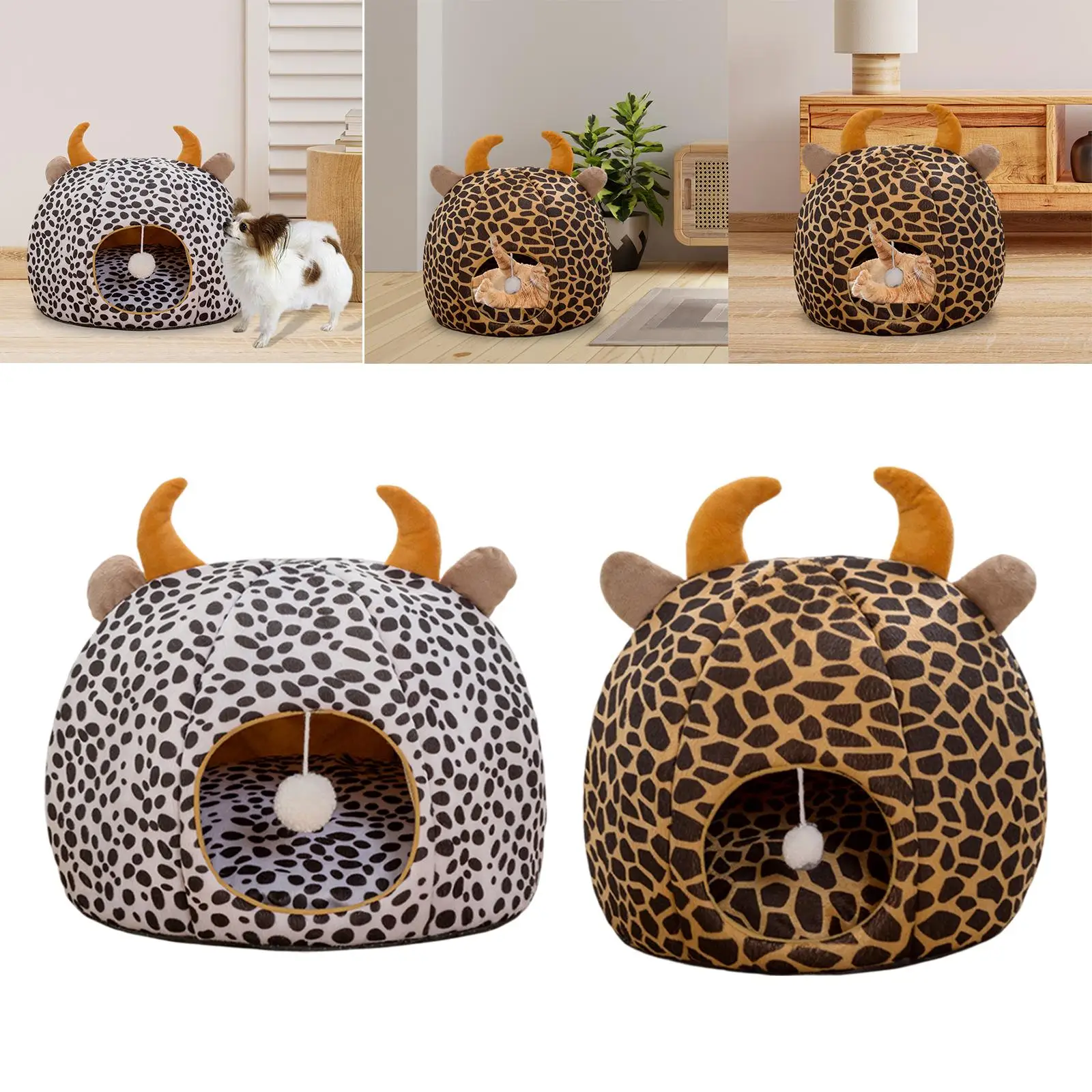 Pet Cat Bed Cute Kennel Dog House Warm Winter Nest Washable with Play Ball Kitten Cave for Outdoor Indoor Pet Supplies