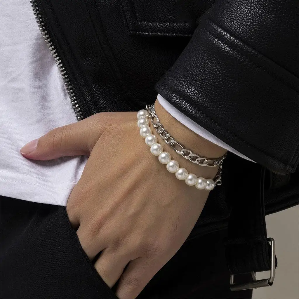 Trendy Cuban  Chain Stainless Steel Pearls Gift Men Bracelet