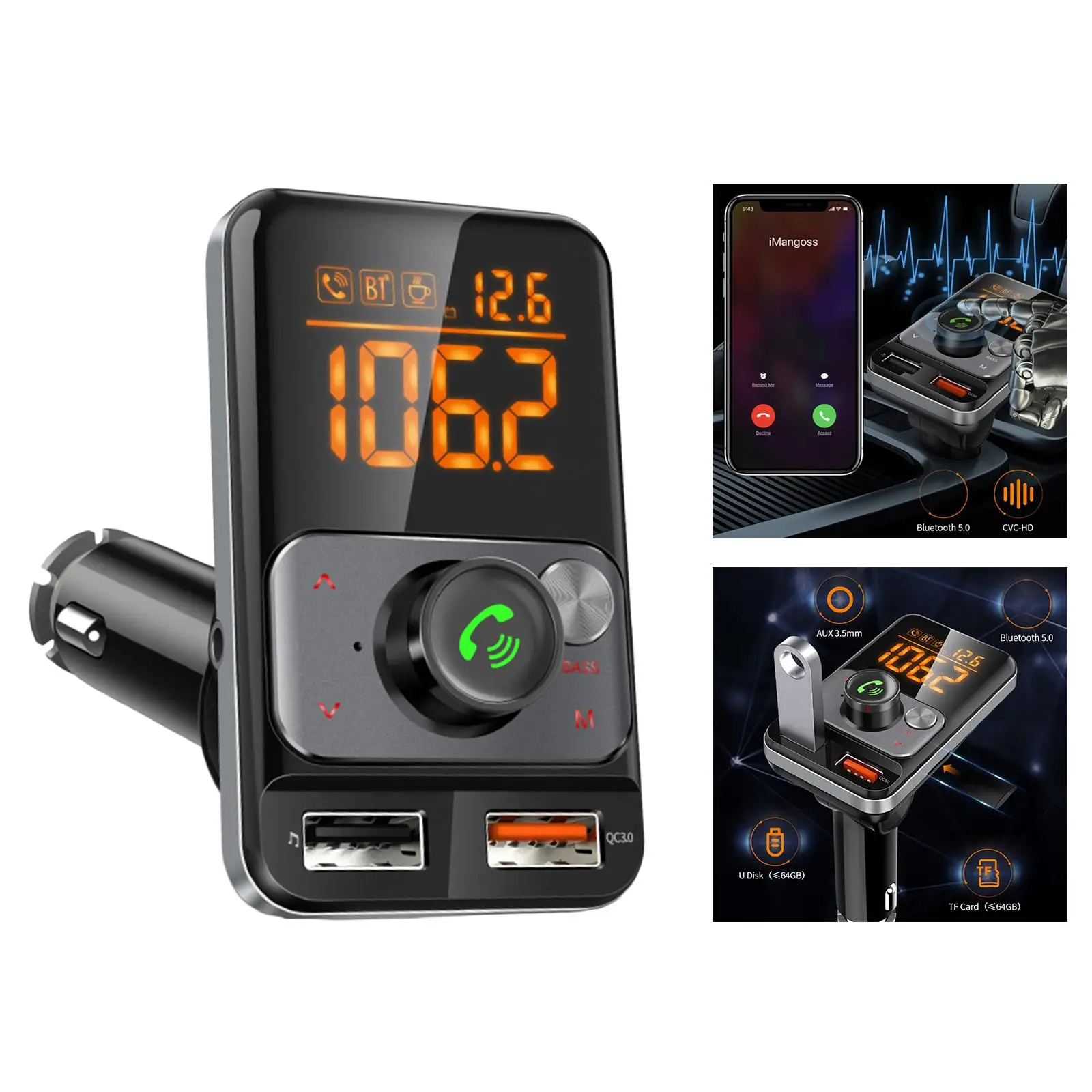 Bluetooth FM Transmitter LED Display AUX/FM for Streaming Car Stereo Phone