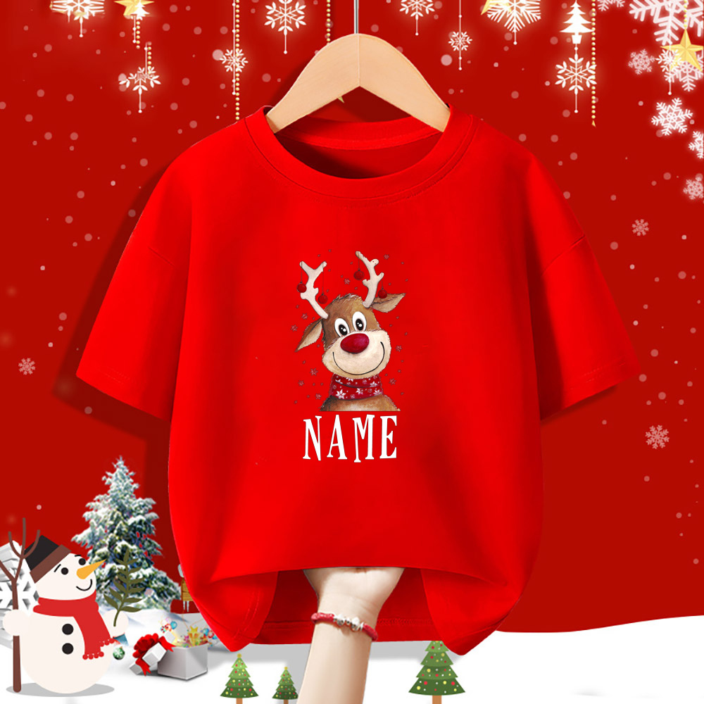 Personalisiertes Kind Weihnachten Rotes Hemd Hirsch Name Kind Kurzarm Kleidung T-Shirt Geschwister Passendes Weihnachtsoutfit Kinder T-Shirts – Detail 16