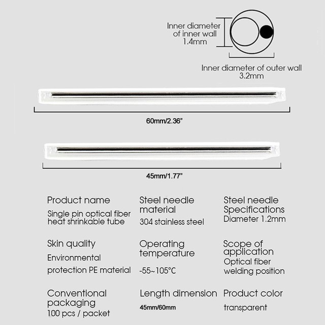 光ファイバ融着接続スリーブ (45mm 60mm),100本,熱保護チューブ