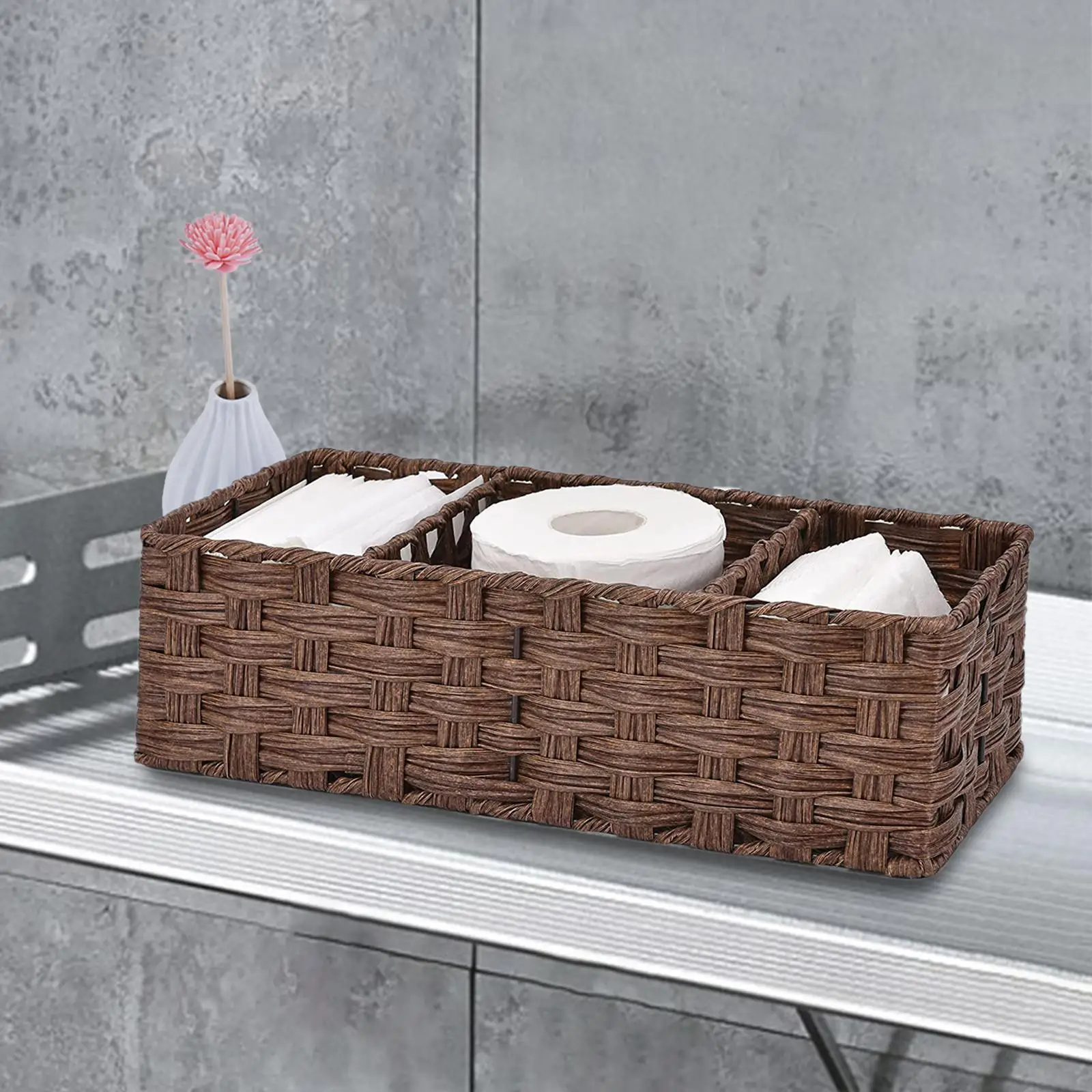 Rattan Storage Basket Container Decorations Organizer 3 Grids for Countertop