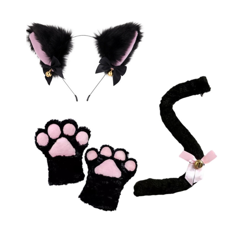Katzenkostüm-Set, Katzenohren, Stirnband, Schwanz, Glöckchen, Spitze, Halsreif, Handschuhe für Kinder, Mädchen, Jungen, Cosplay – Detail 7