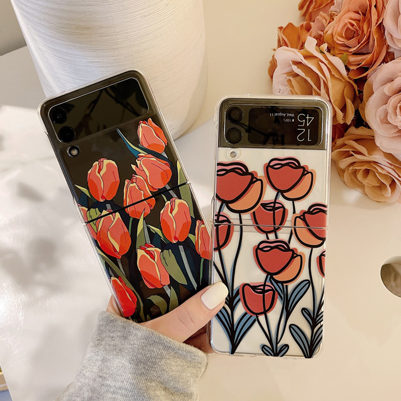 samsung galaxy z flip3 case Personalized Tulip Case for Samsung Galaxy Z Flip 3 5G Cover Cute Flower Folding Screen Shockproof Anti-drop PC Hard Flip3 Coque galaxy z flip3 case