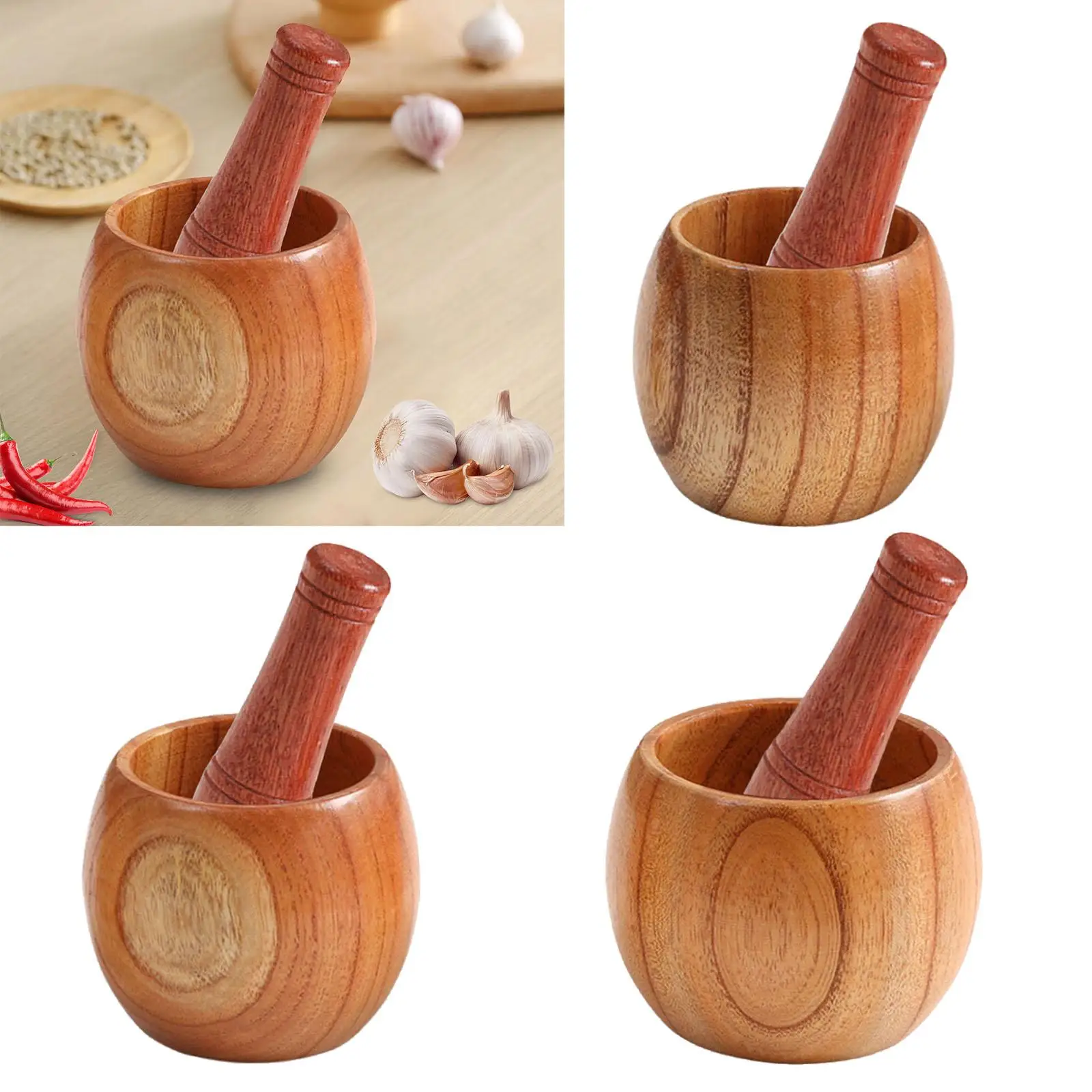 Mortar and Pestle Wooden Garlic Masher Hand Grinder Crusher Kitchen Gadgets Mixing Tool for Spice & Seasonings