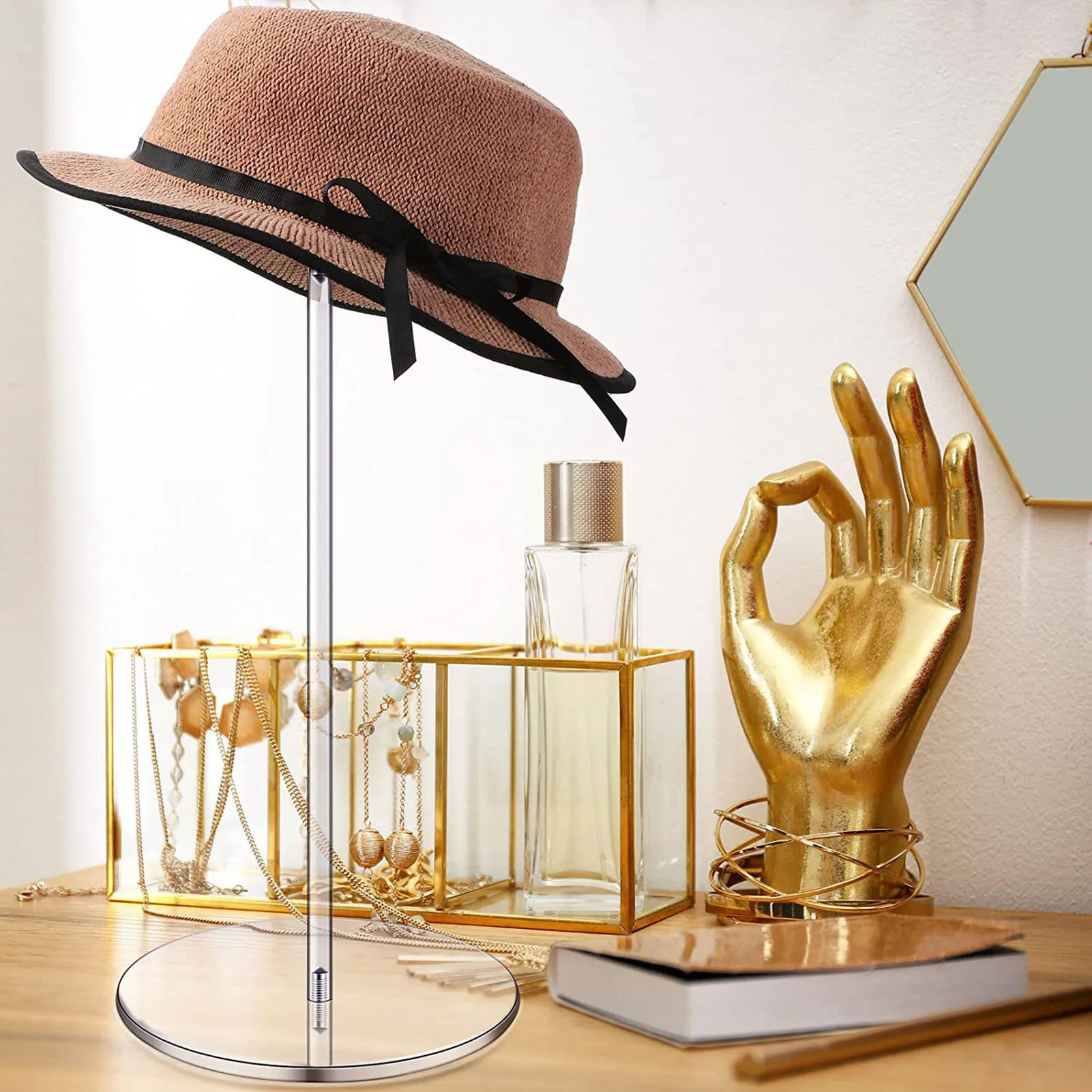 novo prêmio claro acrílico chapéu suporte peruca titular rack decorativo chapéu display suporte com pedestal base redonda decoração de casa