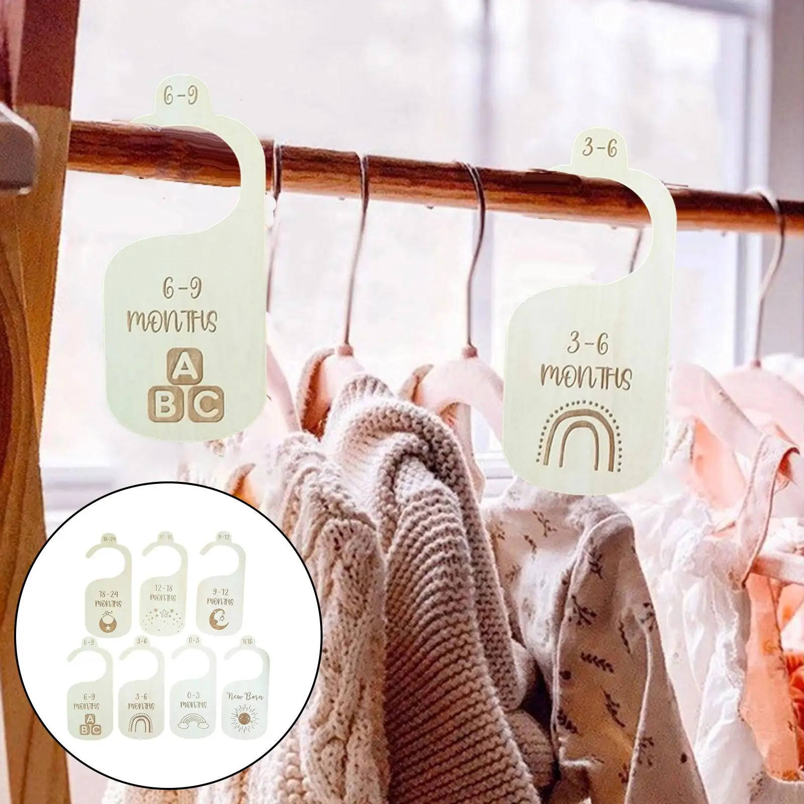 7Pcs Wooden Baby Closet Dividers Baby Clothes Size Hanger Organizer Baby Clothes Separator from Newborn to 24 Month for Closet