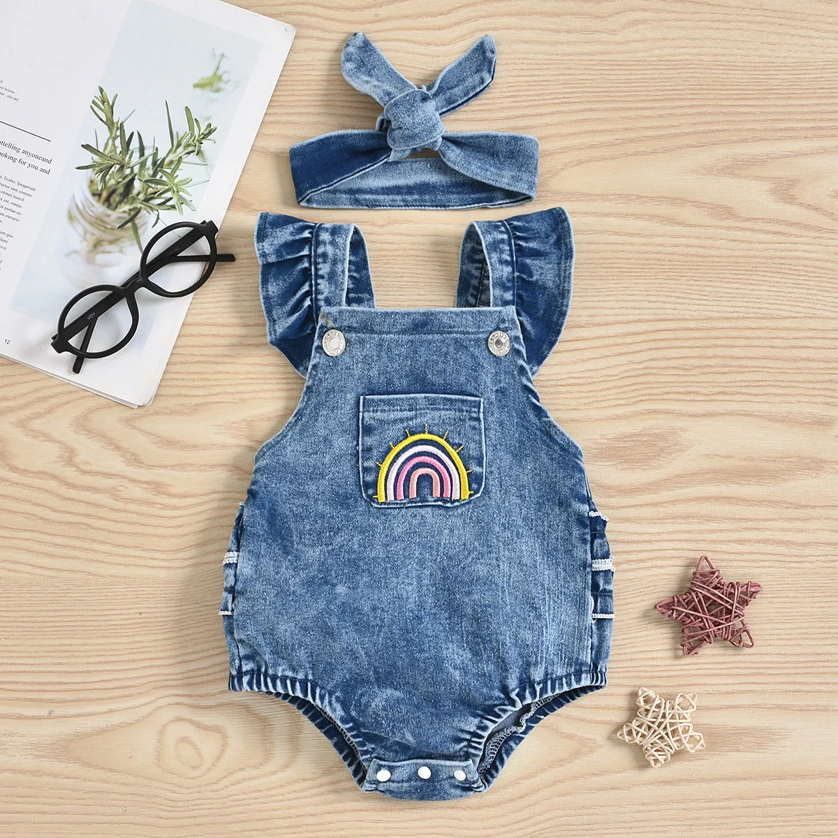 Breathable Baby Girls Outfit, Infant Summer Creative Rainbow Embroidery Fly Sleeve Lace Decoration Denim Romper + Headwear Set black baby bodysuits	