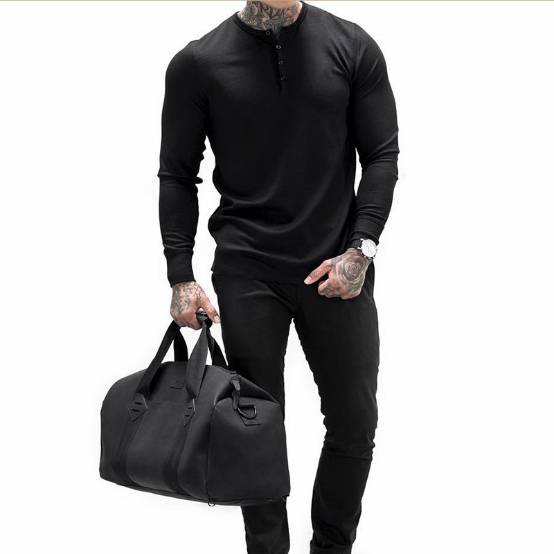Männer Langarm Shirts Pullover Hemd Henry Kragen Runde Saum Einfarbig Herbst Fitness Workout Lässige Männer Kleidung – Detail 16