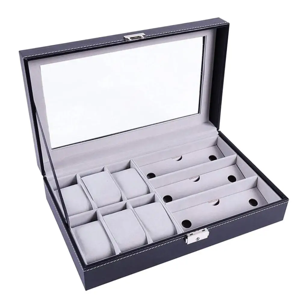 6 Slots PU Leather Watch Case Organizer and 3 Slots Glasses Storage Case, Glass 