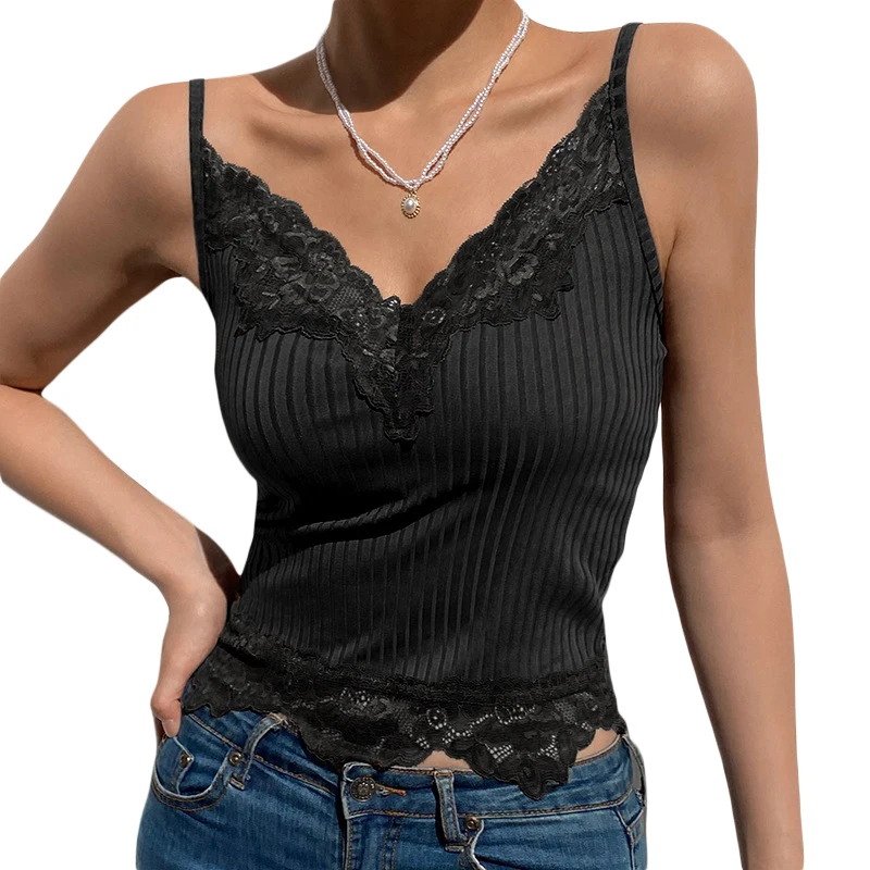 Xingqing y2k Goth Women Lace Trim Cami Top Dark Academia Vest E Girl Sleeveless V Neck Solid Color Ribbed Tanks Cropped Feminino white bra