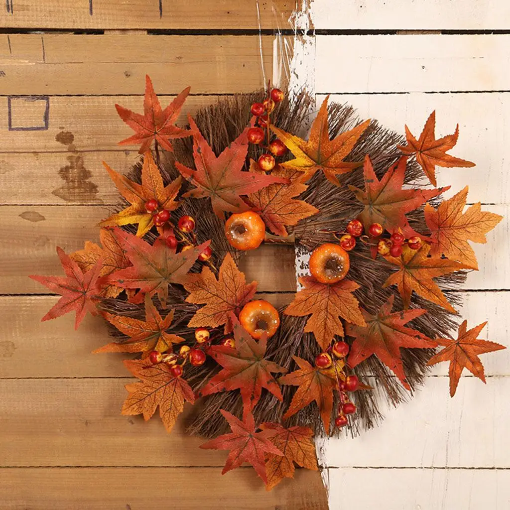 45cm Maple Leaf Wreath Front Door Fall Decoration - Autumn Harvest Garland Wreath Home Decor Farmhouse Wall Hanging Ornaments