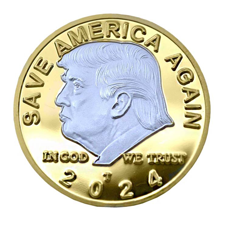 Silver Donald Trump profile on a lustrous gold background, symbolizing the 'trump gold coin' for the 'Save America Again' 2024 campaign.