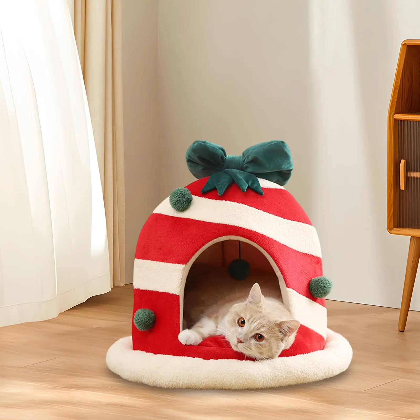 Christmas Cat Beds Winter with Playing Ball Comfortable Warm Soft Christmas Cat House Beds for Christmas Gifts Cats Animals