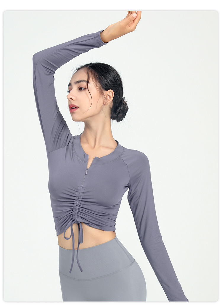Langarm Shirt Halb Zip Vorne Kordelzug Yoga Tops Frau Sport Active Lauf Oben für Fitness Weibliche Bluse Gym Frauen – Detail 1