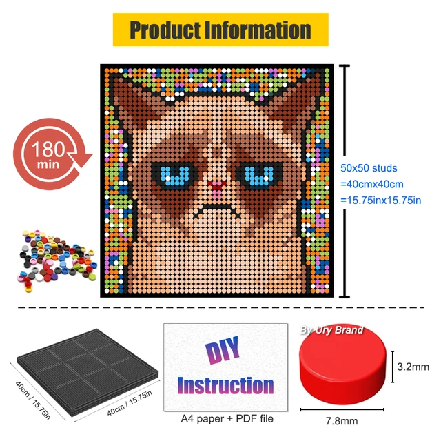 Handmade Pixel Art 32x32 Dots DIY Painting Cartoon Cat Frame Room  Decorative Mosaic By Building Blocks Assembly Toy Set for Kids